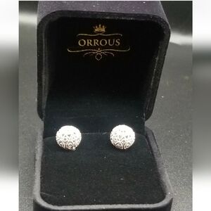 ORROUS & CO 18k White Gold Plated Cubic Zirconia Princess Ball Studs Reversible